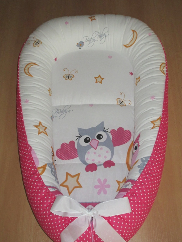 NAŠE MIMI Hnízdečko pro miminko 34x70 cm Sovička puntík malinový