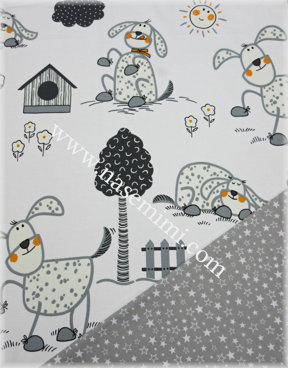 Povlečení do postýlky 110x125, 35x55 Pejsek + hvězdičky šedé