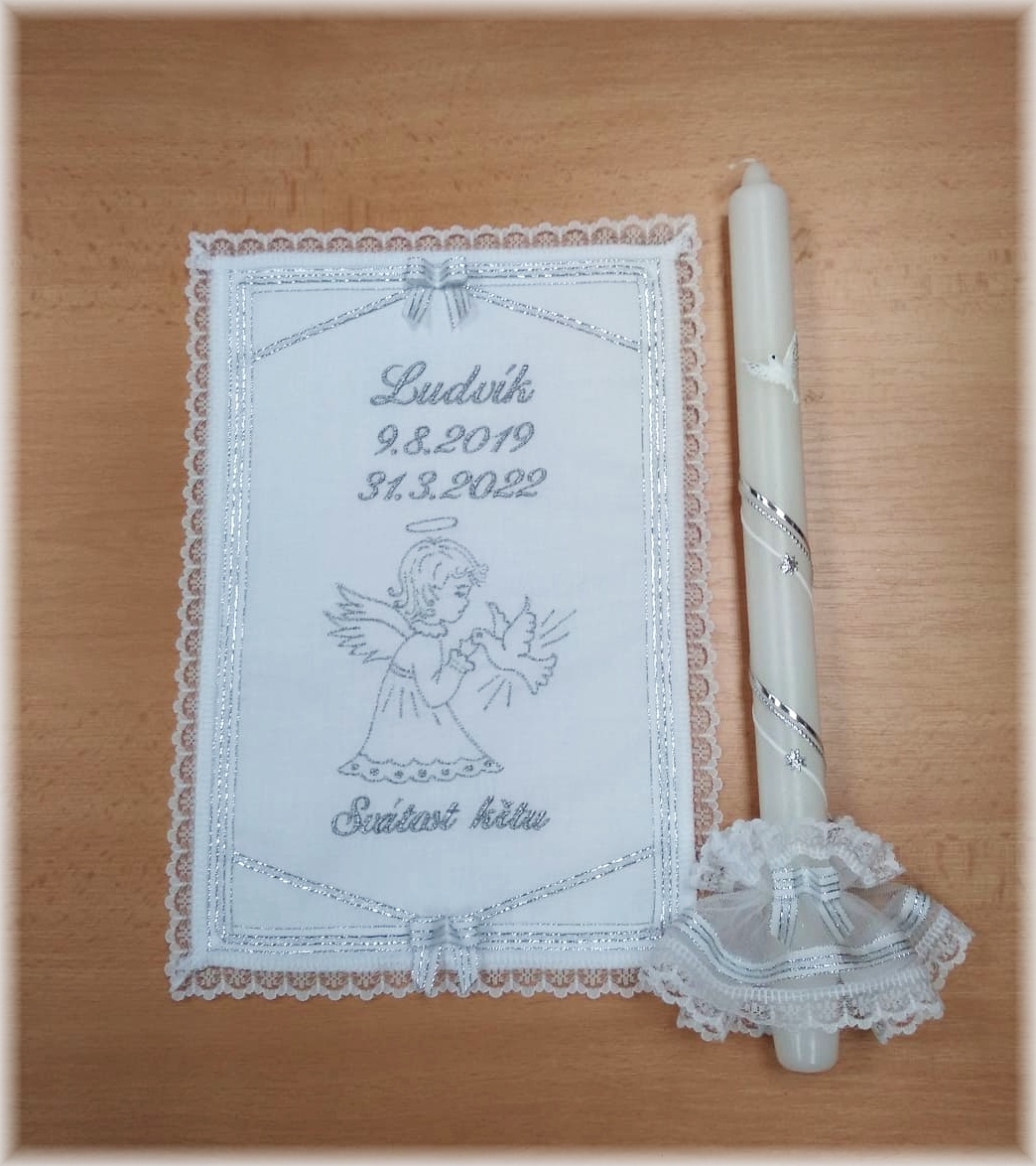 Křestní sada LUXUS stříbrná - rouška, svíce, ozdoba