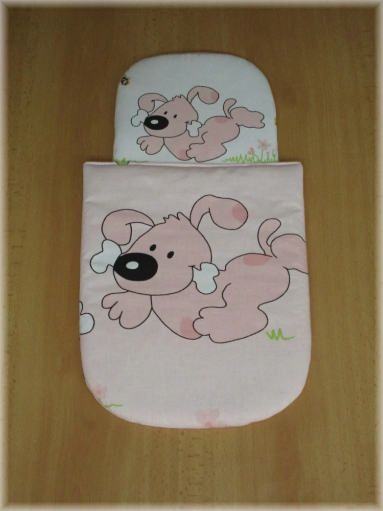 Peřinky do kočárku pro panenky 22x25, 30x37 cm Pejsek s kostí na růžové
