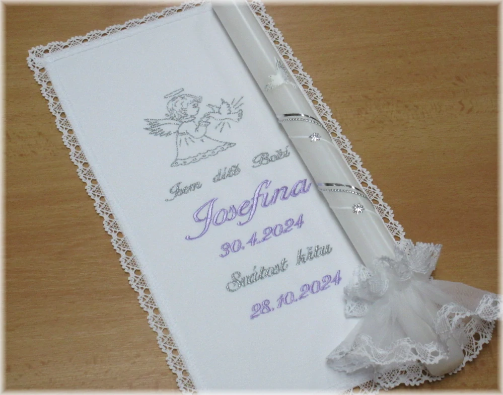 Křestní sada 3D- vyšívaná rouška 18x35 cm, svíce s ozdobou - vzor 32 andílek
