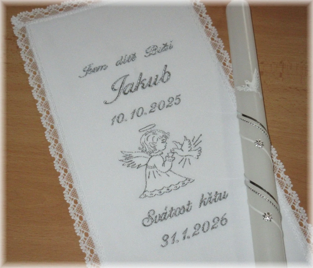Křestní sada 2D- vyšívaná rouška 18x35 cm, svíce - vzor 7 andílek