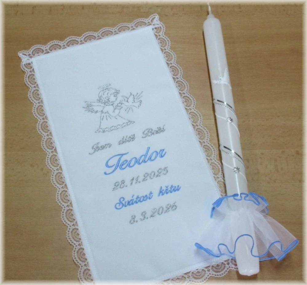 Křestní sada 3D rouška 18x35 cm, svíce, ozdoba - vzor 63 andílek