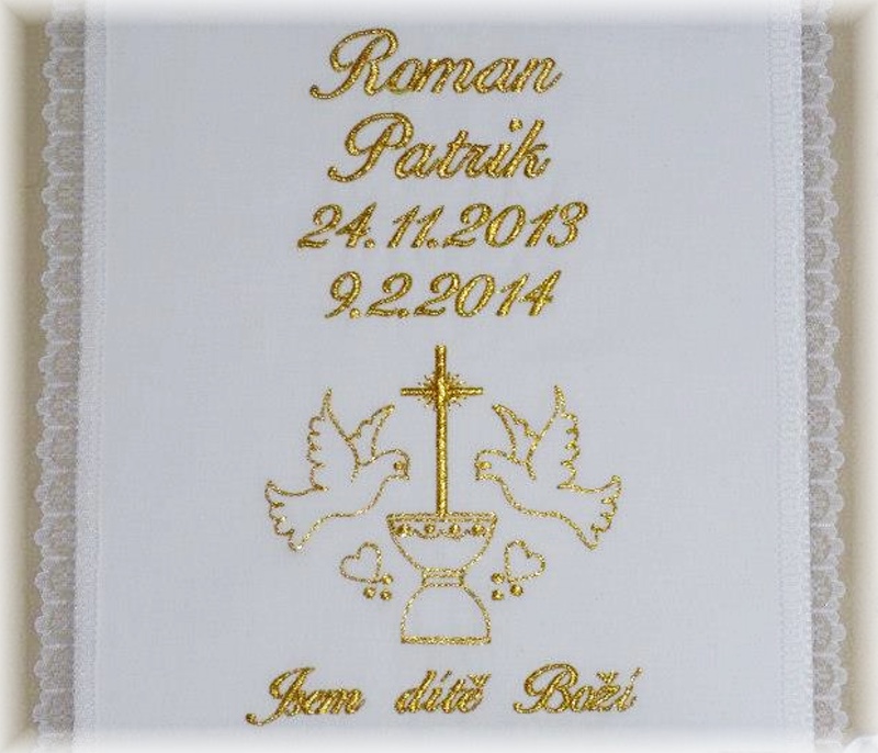 Křestní rouška s krajkou KŘÍŽ výšivka zlatá