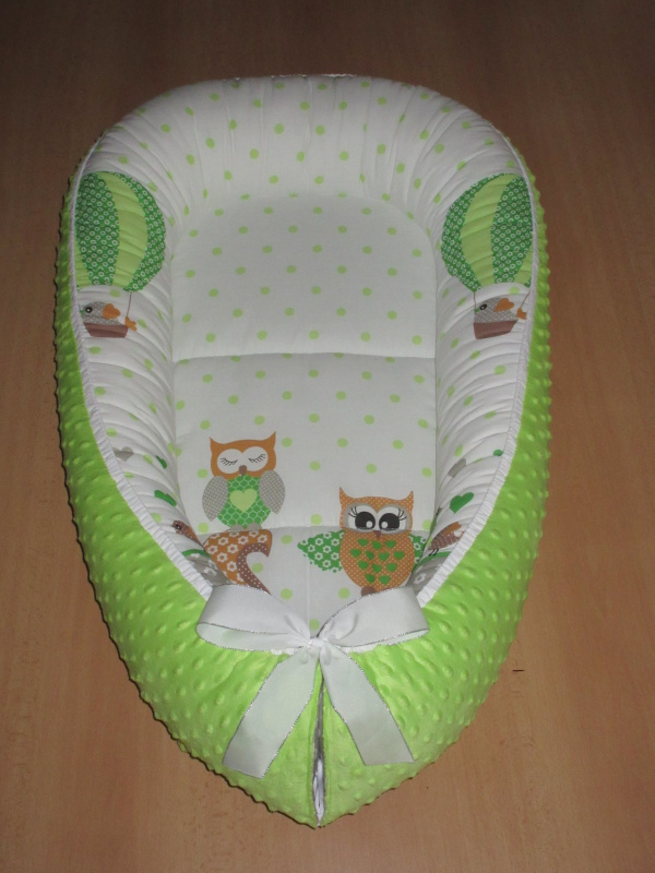 Set 3D hnízdečko pro miminko polštářek podložka Sovičky zelené minky