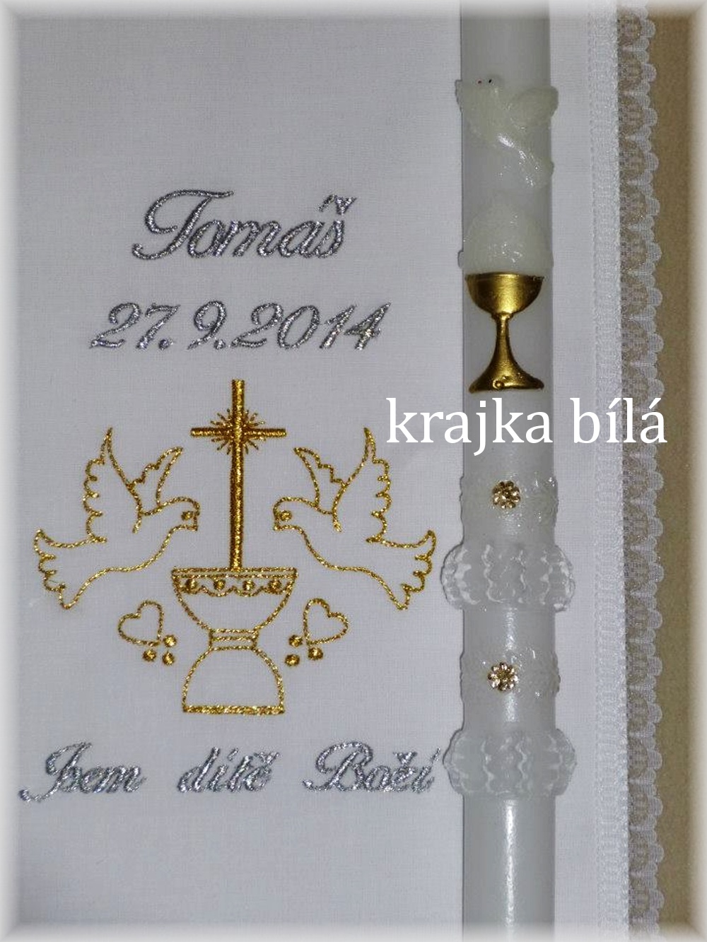 Křestní sada vzor 66 - rouška, svíce, ozdoba