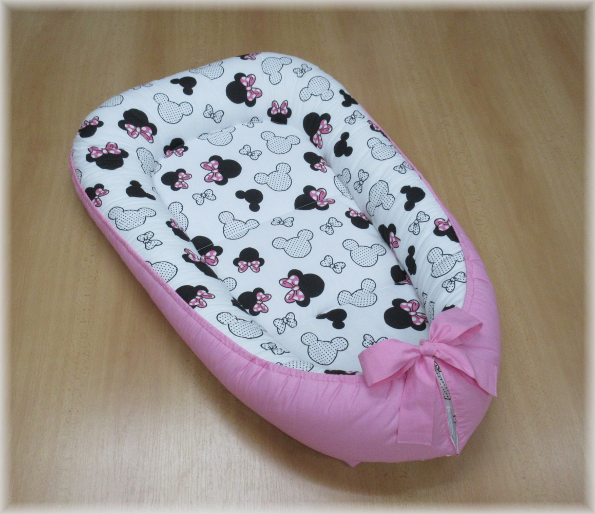 Oboustranné hnízdečko pro miminko s polštářkem + mašlička Myška růžová