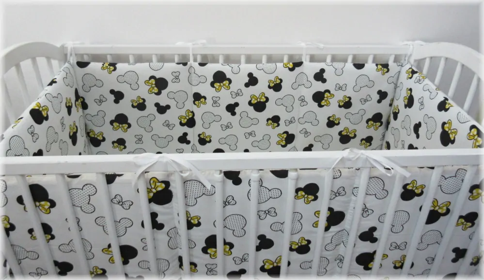 Mantinel do postýlky 60x120 cm 4 díly, výška 50 cm, výplň duté vlákno 300 gr. Myšky se žlutou mašlí
