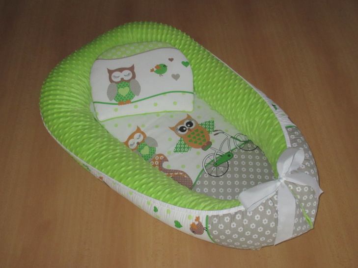 Set 3D hnízdečko pro miminko polštářek podložka Sovičky zelené minky