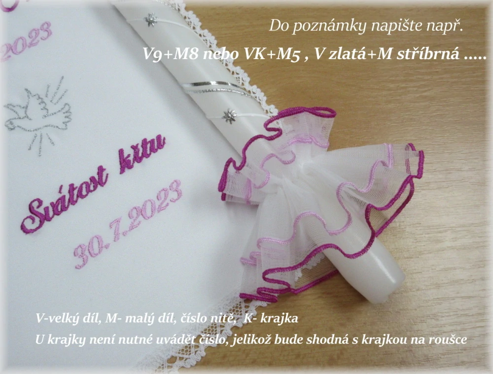 Křestní sada 3D vyšívaná rouška s krajkou, svíce, ozdoba dvojitá - vzor 47