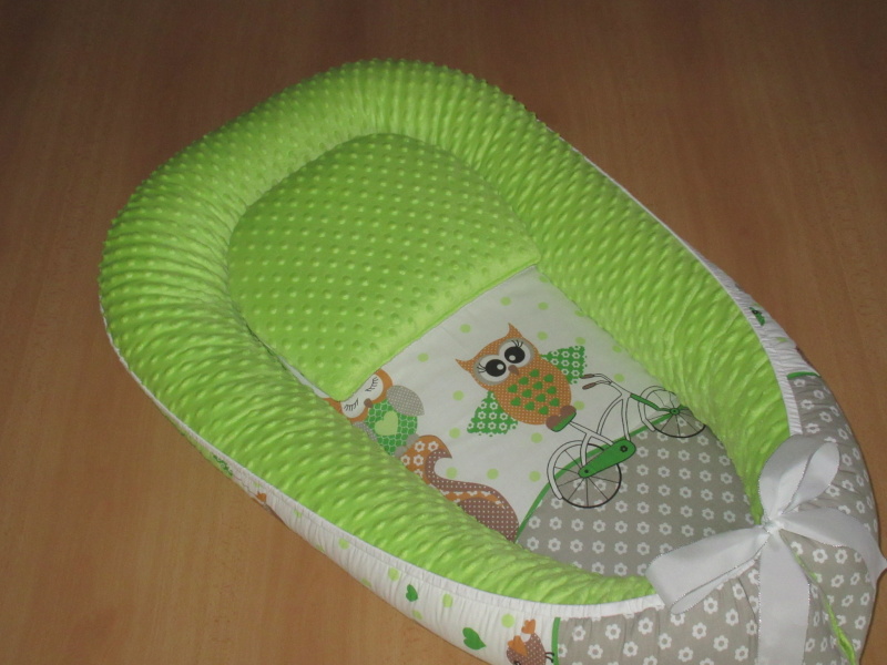 Set 3D hnízdečko pro miminko polštářek podložka Sovičky zelené minky