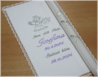 Křestní sada 2D- vyšívaná rouška 18x35 cm, svíce - vzor 32 andílek